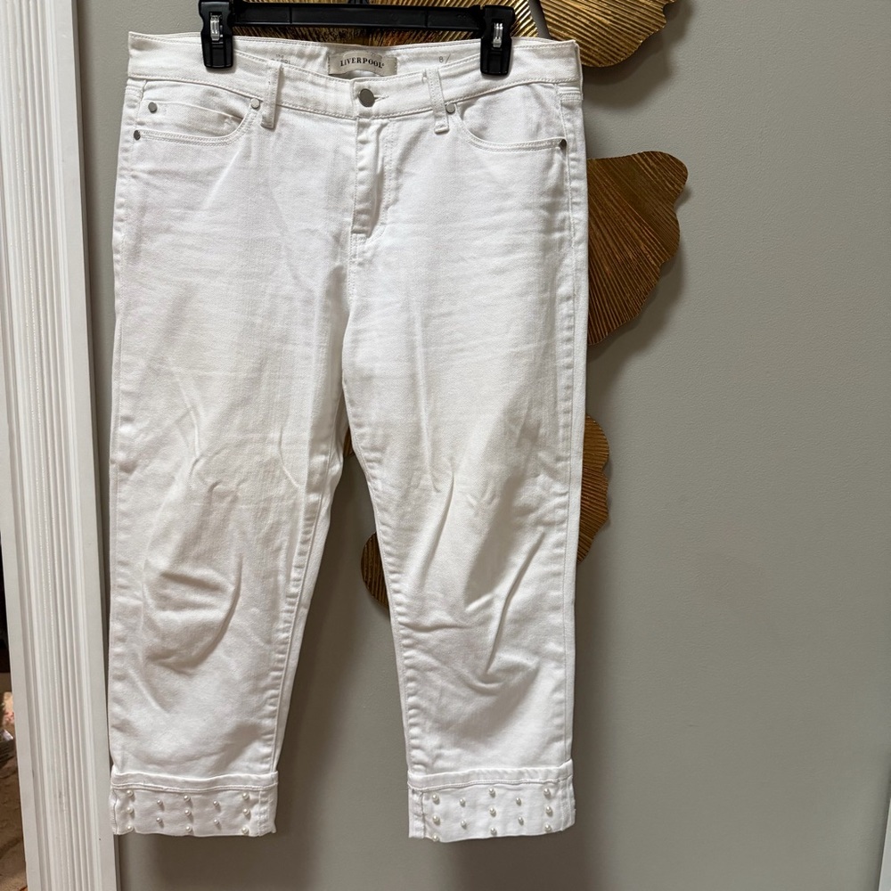 Liverpool white capri cropped jeans rolled cuff pearl accents size 8 pants